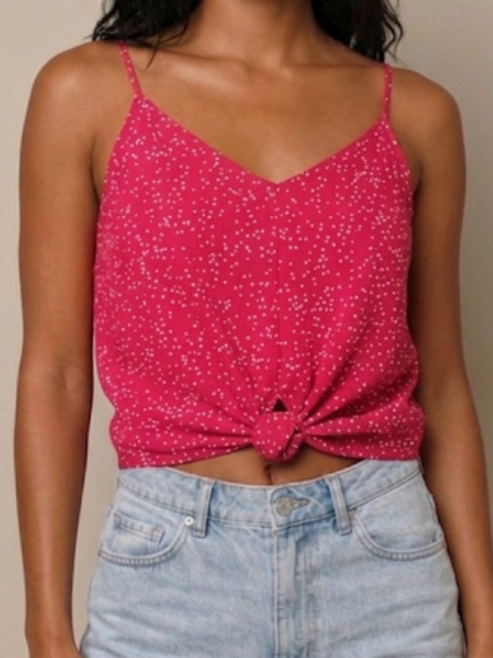 Lush fuchsia colored Devon knot front cami crop sleeveless blouse shirt top